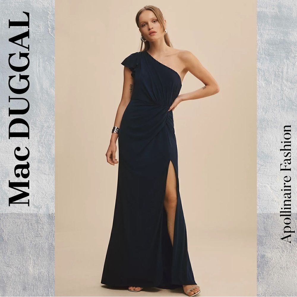 MAC DUGGAL ONE SHOULDER RUFFLED DRAPED COLUMN GOWN IN NAVY SIZE 14 NEW